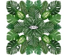 PietyPet Tropical Luau Party Décoration Fournitures, 68 pièces 8 Genres Monstera Tropicales, Feuilles De Palmier Artificielle avec Tige pour Articles de Fête Hawaïenne Luau Jungle à Thème Plage