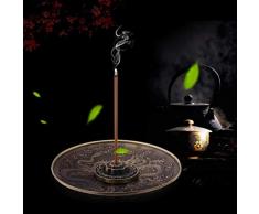 Magnifique support pour brûleur d’encens convenant pour les cônes, bâtons et bobines d’encens - Motif : Dragon et phénix tibétains - Effet bronze