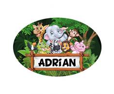 Sticker De Porte Personnalisable avec Le Prénom de Votre Enfant - Animaux de la Jungle - Dimensions 15 x 10 cm - Adhésif