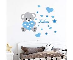 Stickers Prénom Personnalisé | Sticker Autocollant Ourson - Décoration Murale Chambre Enfant | 2 Planches de 30 x 35 cm et 50 x 30 cm – Nuance de Bleu