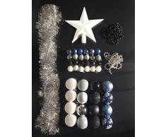 Lot déco Noël - Kit 44 pièces pour décoration sapin : Guirlandes, Boules et Cimier - Thème couleur : Blanc, Gris Argent, Noir et Bleu Nuit