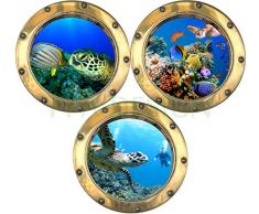 PPA DESIGN Sticker Mural Trompe loeil Hublot Tortue Vue sous Marine Poissons Plongeur - Pack de 3 Hublots - Packhu027 - Plusieurs Dimensions Disponibles * (30x30cm)
