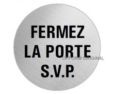 OFFORM Plaque de porte en acier inox brossé, pictogramme"Fermez la porte s.v.p." Ø 75 mm No.8593