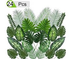 QAQGEAR 24 Pcs 10 Sortes Artificielles Feuilles De Palmier Plante Tropicale Faux Feuilles Feuilles Artificielles avec Faux Tiges pour Hawaiian Luau Aloha Jungle Beach Fête danniversaire Thème Table