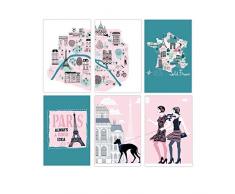 Série De 6 Affiches Murales Paris 11x17 | Mur de thème français Prints For Teenager Girls Room Decor | Cool Posters Anglais | Affiche unique de la France pour des idées de décoration de salle