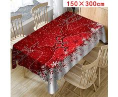 Rameng- Nappe Anti-Taches Noël Nappe de Noël Rectangulaire Rouge Motif Renne et Flocon de Neige (150X300cm, Rouge)