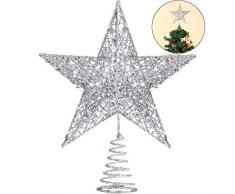 Blulu 10 Pouces Étoiles Topper Arbre de Noël Étoile Pointes de Sapin de Noël Décoration de Noël Étoiles Topper Arbre de Noël Paillette (Argent)