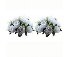 Nuptio 2 Pièces Fleurs Artificielles, 15 Têtes de Roses Plastique avec Base, Convient au Centre de la Table Mariage Notre Magasin pour Les Fêtes Décoration de Saint Valentin(Blanc)