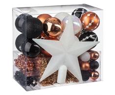 Lot déco Noël - Kit 44 pièces pour décoration sapin : Guirlandes, Boules et Cimier - Thème couleur : Blanc, Noir et Cuivré