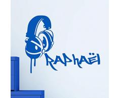 Stickers Prénom Personnalisé | Sticker Autocollant Casque de Musique Graffiti - Décoration Murale Chambre Enfant | 2 Planches de 25 x 10 cm et 50 x 30 cm – Bleu Marine