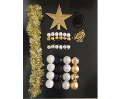 Lot déco Noël - Kit 44 pièces pour décoration sapin : Guirlandes, Boules et Cimier - Thème couleur : Blanc, Or et Noir