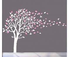 AIYANG Arbre Immense mur autocollant feuilles de rose et blanc les oiseaux mur autocollant pour bébé enfants nursery chambre de décoration (Blanc,Rose)
