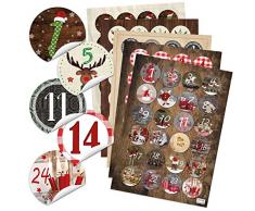 Lot de 5 x 24 chiffres autocollants pour calendrier de lavent - Pour 5 calendriers de Noël - Autocollants ronds - 4 cm - Rouge, marron, vert, noir et blanc