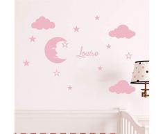 Stickers Prénom Personnalisé | Sticker Autocollant Lune et Nuages - Décoration Murale Chambre Enfant | 2 Planches de 25 x 30 cm et 40 x 30 cm – Rose Poudre