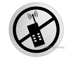 OFFORM Plaque de porte en acier inox brossé, pictogramme "Portables Interdits", Ø 75 mm No.40046