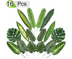 QAQGEAR 16 Pcs Feuilles de Palmier Artificielles avec Tiges 10 Sortes Feuilles Artificielles Feuilles de Palmier Faux Tiges Plante Tropicale Faux Feuilles pour Hawaiian Luau Party Maison Cuisine