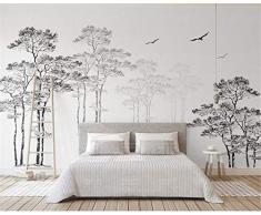 Papier peint intissé tapisserie murales panoramique 3D Esquisse noir et blanc abstrait arbre minimaliste oiseau tv fond décran