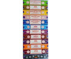 Satya ENCENS Lot de 12 x 15 Gram Comprend : Nag, Super Hit, Oodh, Positive Vibes, Namaste, Champa, Opium, Reiki, Guérison spirituelle, Karma, Traditionnel ayurvédique et méditation Packs