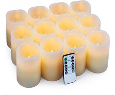 Hausware Lot de 12 bougies LED sans flamme (D : 3 x H : 4 cm) à piles LED clignotantes pilier en cire véritable ivoire avec télécommande et minuteur, ivoire, 3 x 4 cm