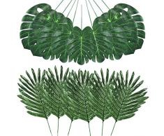 Auihiay 48 pièces 4 Sortes de Feuilles de Palmier artificielles avec tiges Imitation Plantes Tropicales Feuilles de Monstera Feuilles de Safari Feuilles pour fête hawaïenne Luau fête Jungle Plage