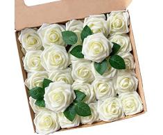 ACDE Fleurs Artificielles, Roses Artificielle 25PCS Mousse Rose Faux Regard Réel avec Feuille et Tige Ajustable pour DIY Mariage Bouquets Mariée Fête Accueil Décorations (Ivoire)