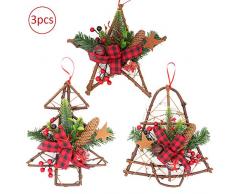 3x Couronne de Noel, Naturel Pomme de pin avec Houx Baies rouges Cloches Bowknot Ornements Guirlande de Noël pour la Nouvel an Décoration, Couronne de Fleurs Idée Déco pour Porte Mur Fenêtre Suspendre