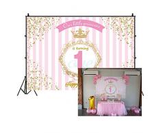 Cassisy 2,2x1,5m Vinyle 1er Anniversaire Toile de Fond Photo Bon Anniversaire Papier Peint Princesse Crown Pink Stripes Fond De Studio Photo bébé Enfant Photographie Props Photobooth
