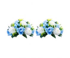 Nuptio 2 Pièces Fleurs Artificielles, 15 Têtes de Roses Plastique avec Base, Convient au Centre de la Table Mariage Notre Magasin pour Les Fêtes Décoration de Saint Valentin(Bleu&Blanc)