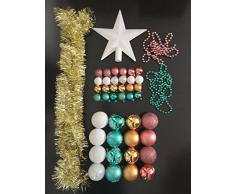 Lot déco Noël - Kit 44 pièces pour décoration sapin : Guirlandes, Boules et Cimier - Thème couleur : Blanc, Or, Rose et Bleu Turquoise