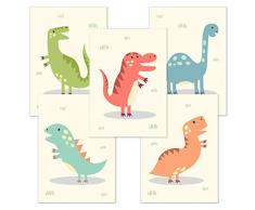 Kizibi Lot de 5 posters Dinos DIN A4 pour chambre denfant et chambre de bébé, poster de décoration pour garçons et filles, dinosaure, image de chambre denfant, tableau mural sans cadre