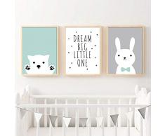 Lot de 3 Tableaux Chambre Bebe Fille Garcon Cadeau Nordique Affiches Animaux Enfant Posters Lapin/Ours Polaire/Citations sur Toile Scandinave PTFL002-M
