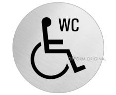 OFFORM Plaque de porte en acier inox brossé, pictogramme "WC Handicapés", Ø 130 mm No.6964