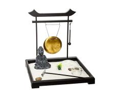 Coffret Jardin ZEN Bouddha sur un plateau en bois avec gong, 1 photophore , fleur et plante , sable et galets