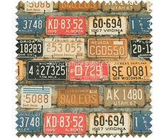 Tissu d'ameublement rétro léger moderne, motif plaque d'immatriculation de voiture américaine , rouille, Per Metre