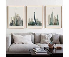 HMOTR Affiche rétro Paris Londres New York Art Mural estampes Aquarelle Peinture sur Toile Vintage Photo Moderne Maison Chambre Decor-50x70cmx3pcs No Frame