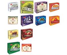 lot de 12 boites de cones hem - Aloe Vera, Myrtille, Cannelle, Cannelle Rose, noix de coco, Dragon Blood, encens et myrrhe, lavande, jasmin précieux, précieuse Rose, Mandarine et sauge blanche