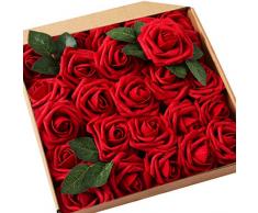 JaosWish Rose Artificielle Fausse Fleur Rouge 25 pcs Tige Feuille Ajustable Touche réelle déco Mariage Restaurant Maison Anniversaire Chambre Table Armoire