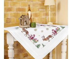 Kamaca Kit de broderie au point de croix avec nappe et fil à broder 100 % coton Motifs rennes et Père Noël sur son traîneau pré-imprimés 80 x 80 cm