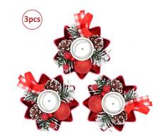 Lot de 3 bougeoirs de Noël en forme de cône de pin givré - Décoration rouge - Nœud en ruban - Décoration de Noël pour salle à manger ou salle à manger