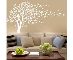 AIYANG Arbre Immense mur autocollant feuilles de rose et blanc les oiseaux mur autocollant pour bébé enfants nursery chambre de décoration (Blanc)