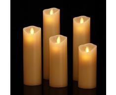 Bougies LED,Bougies Sans Flamme.Lot de 5 (10,12,15,17,19 cm,Ivoire),En Véritable Cire. Avec Vacillement des Flammes Très Réaliste, Télécommande Avec 10 Menus De Fonction, Minuterie de 24 Heures