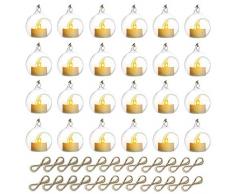 Bougie Photophore Suspendue Hoder 20 Pièces avec LED Bougie à Thé Blanc Chaud Mini Photophore en Verre, 6cm De Diamètre, Globes De Terrarium en Verre pour La Décoration De larbre De Fête