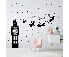 decalmile Stickers Muraux Peter Pan Autocollant Décoratifs Big Ben Flying Fée Décoration Murale Chambre Enfant Bébé Garderie Salon