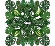 PietyPet Tropical Luau Party Décoration Fournitures, 98 pièces 8 Genres Monstera Tropicales, Feuilles De Palmier Artificielle avec Tige pour Articles de Fête Hawaïenne Luau Jungle à Thème Plage