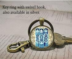 Pendentif Babushkas bleu avec pendentif matroyshkas, collier de poupée folklorique russe, collier matroyshka, porte-clés