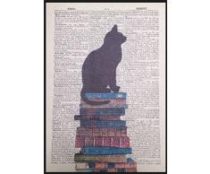 Affiche vintage avec silhouette chat sur livres dans page de dictionnaire imprimée de 1933 Décoration murale