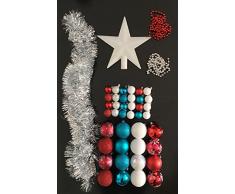 Lot déco Noël - Kit 44 pièces pour décoration sapin : Guirlandes, Boules et Cimier - Thème couleur : Blanc, Rouge Bleu Turquoise et Gris Argent