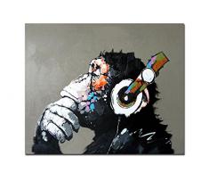 Fokenzary Peinture à lhuile peinte à la main sur toile Pop Art Cool Ape écouter de la musique avec casque encadrée prête à suspendre, Toile, multicolore, 20x24in
