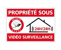 Propriété sous Vidéo Surveillance 24H/24H - Adhésif Autocollant Sticker - Dimensions 300 x 210 mm - Garantie 10 ans - Panneau vidéo surveillance