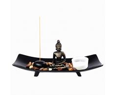 OM HOME Figurine Bouddha Sur Plateau, avec bougeoir, Porte Encens et pierres décoratives